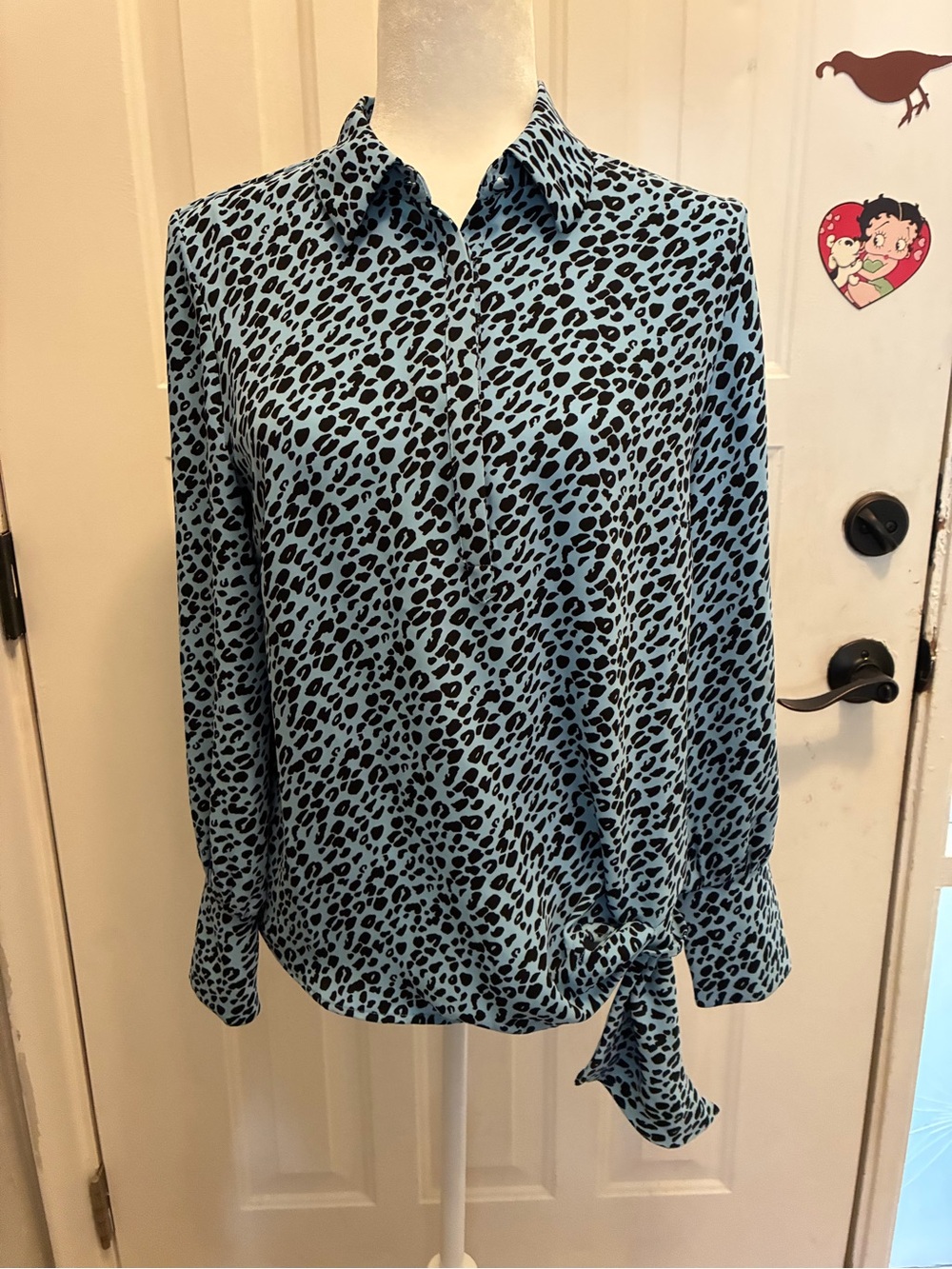 Chico's Blue and Black Animal-Print Tie-Hem Blouse
